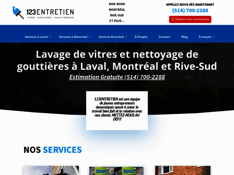 Screenshot du site : Vitres & Gouttières - 123Entretien