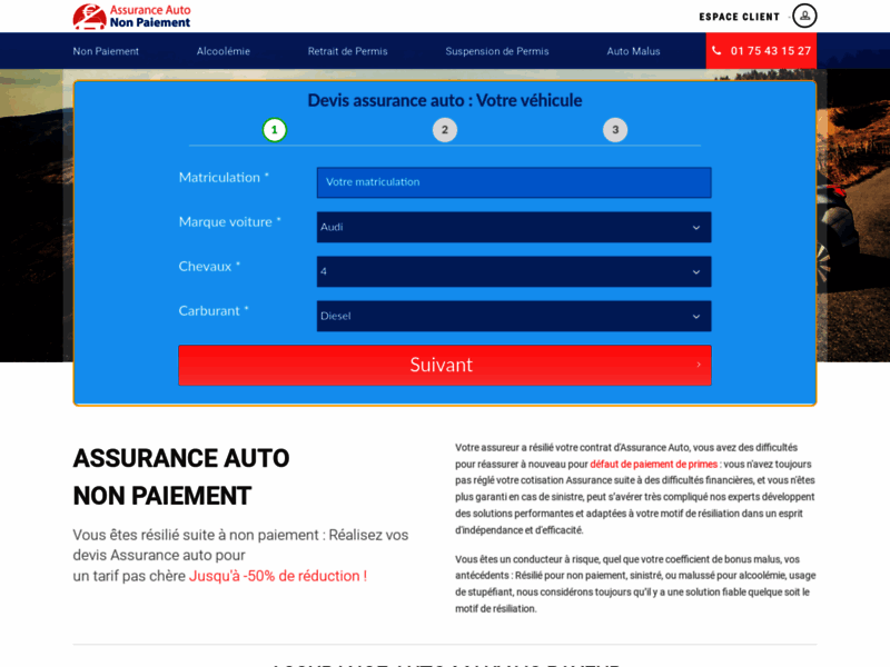 Screenshot du site : devis assurance auto résilié pour non paiement 