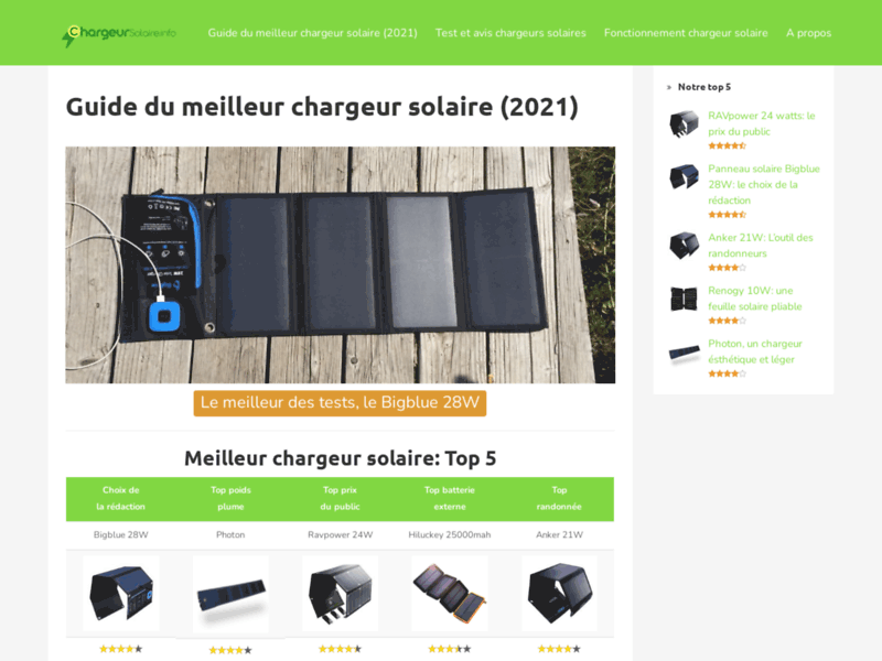 Screenshot du site : Guide de chargeurs solaires portables randonnées