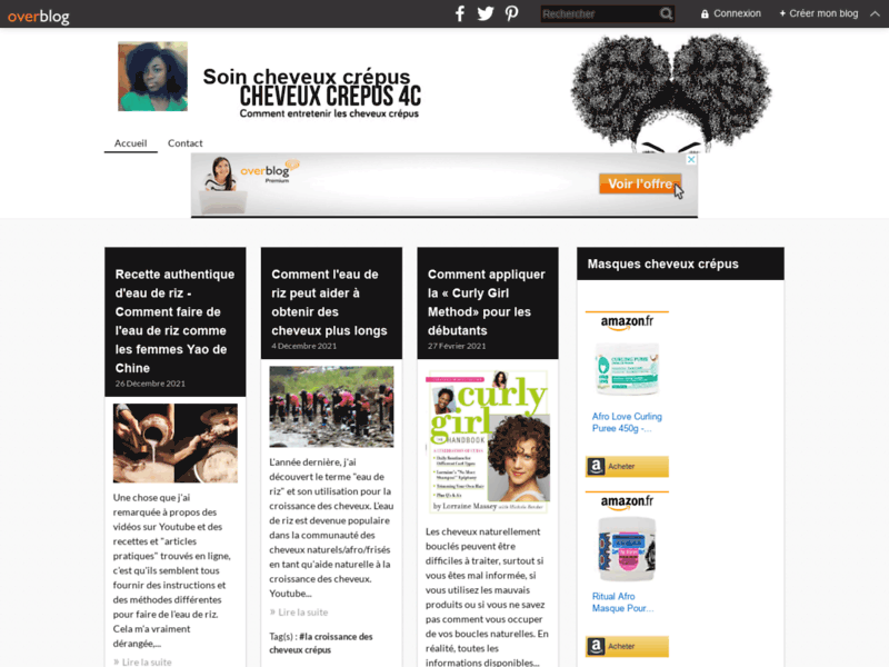 Screenshot du site : Les meilleurs crèmes pour cheveux bouclés