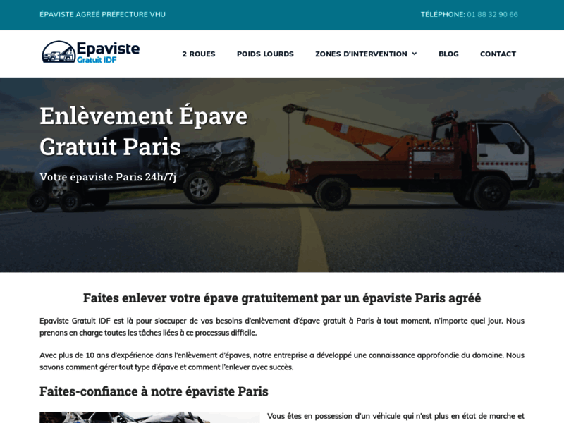 Screenshot du site : Enlévement epave Paris