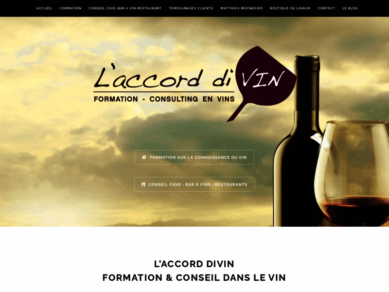Screenshot du site : Formation et vente de vins