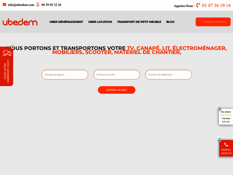 Screenshot du site : uberdem - Déménagement Paris - Déménagement France