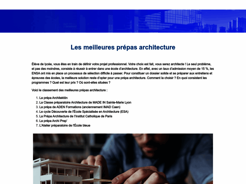 Screenshot du site : Les Meilleures Prépas Architecture : le classement