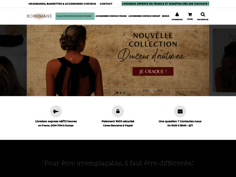 Screenshot du site : Bohomane - Headbands, Barrettes cheveux, Chouchous