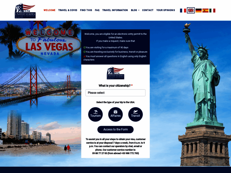 Screenshot du site : Demande ESTA pour les États-Unis, Demande Visa