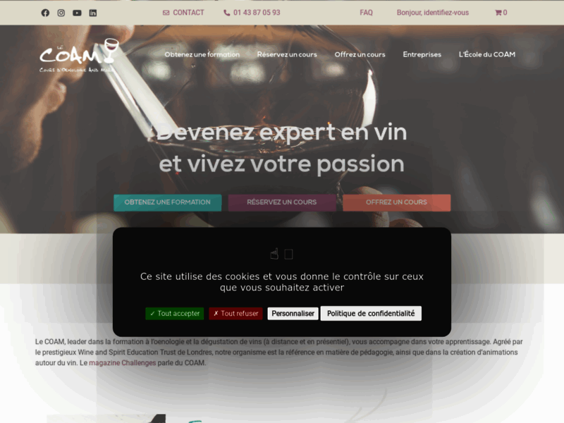 Screenshot du site : Cours oenologie Paris
