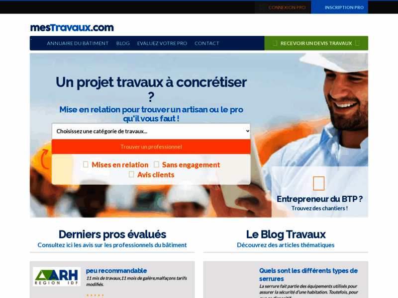 Screenshot du site : Mes Travaux, votre annuaire d'artisans