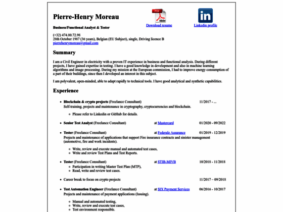 Curriculum Vitae of Pierre-Henry Moreau