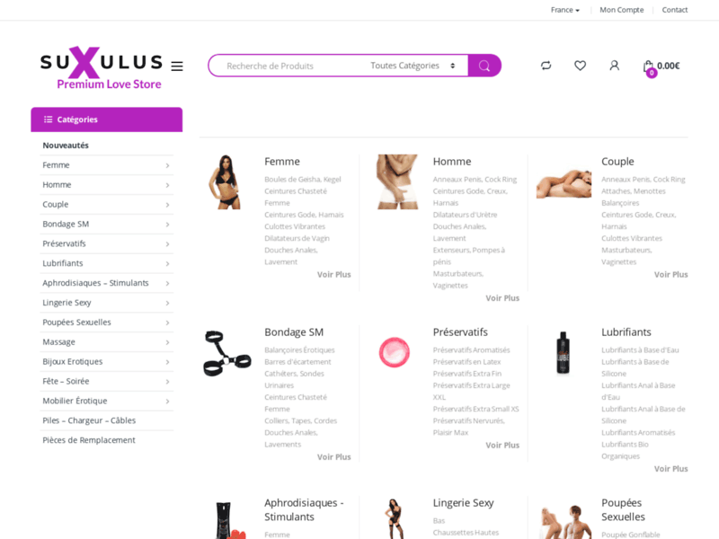 Screenshot du site : SuXulus: boutique pour adulte en ligne