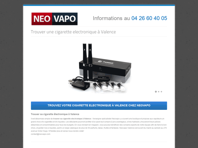 Screenshot du site : Neovapo, spécialsite de la e-cigarette à Valence