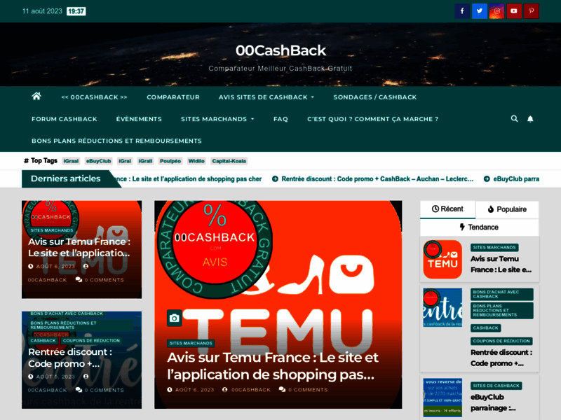 Screenshot du site : 00CashBack : Comparateur et classement cashback