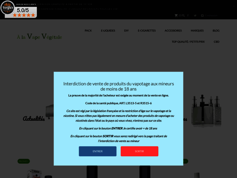Screenshot du site : Cigarettes Électroniques et E-liquides - À La Vape