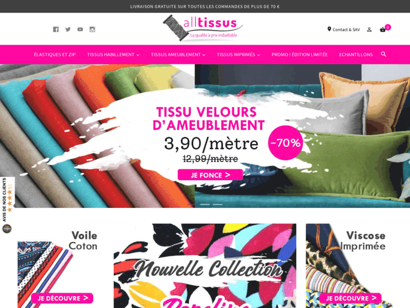 Screenshot du site : AllTissus - Tissus au mètre pas cher en 1 clic
