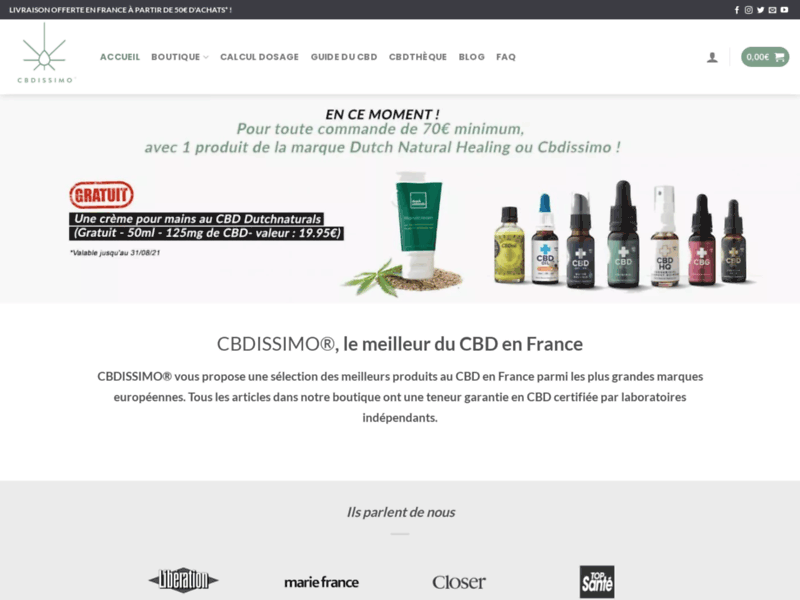 Screenshot du site : CBDISSIMO boutique en ligne de CBD premium