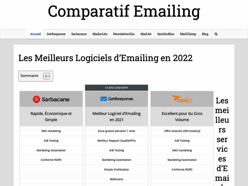 Screenshot du site : Comparatif Logiciel d'email Marketing en 2019
