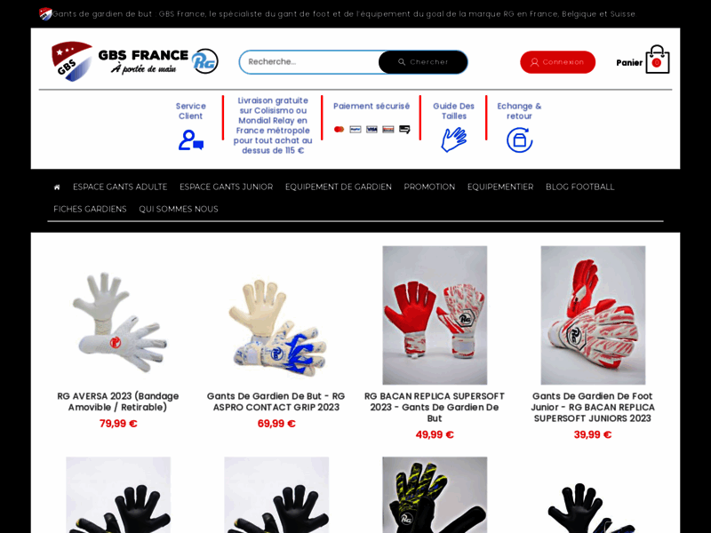 Screenshot du site : Gants de gardien de Football sur GBS France