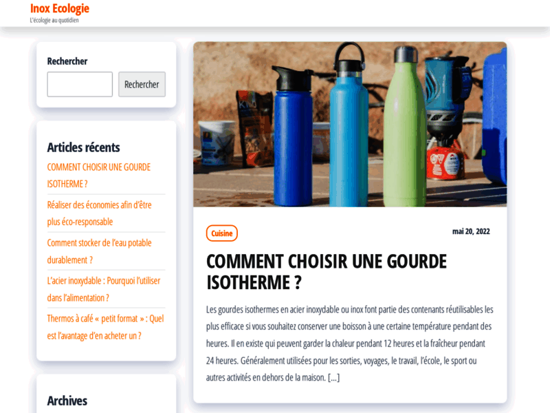 Screenshot du site : inox écologie - paille, gourde, bouteille, mug