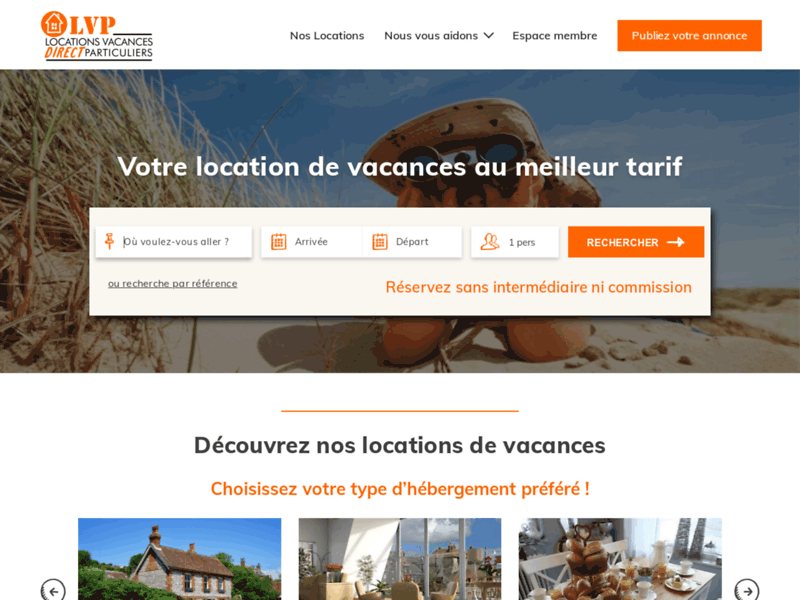 Screenshot du site : Location de vacances entre particuliers sans frais