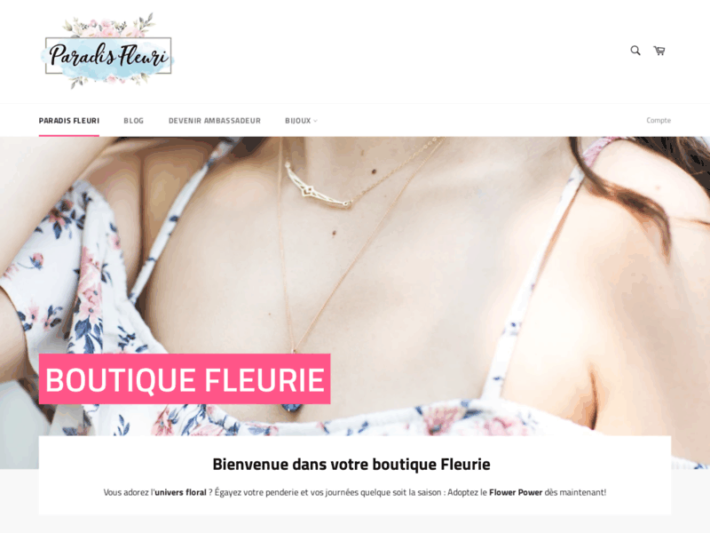 Screenshot du site : Paradis Fleuri | Robes fleuries & Bijoux Fleurs