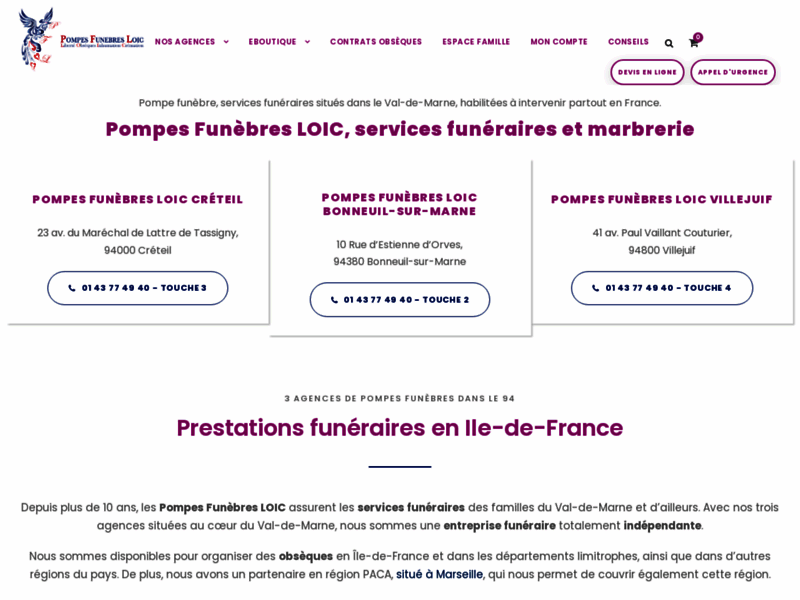 Screenshot du site : Pompes funèbres LOIC