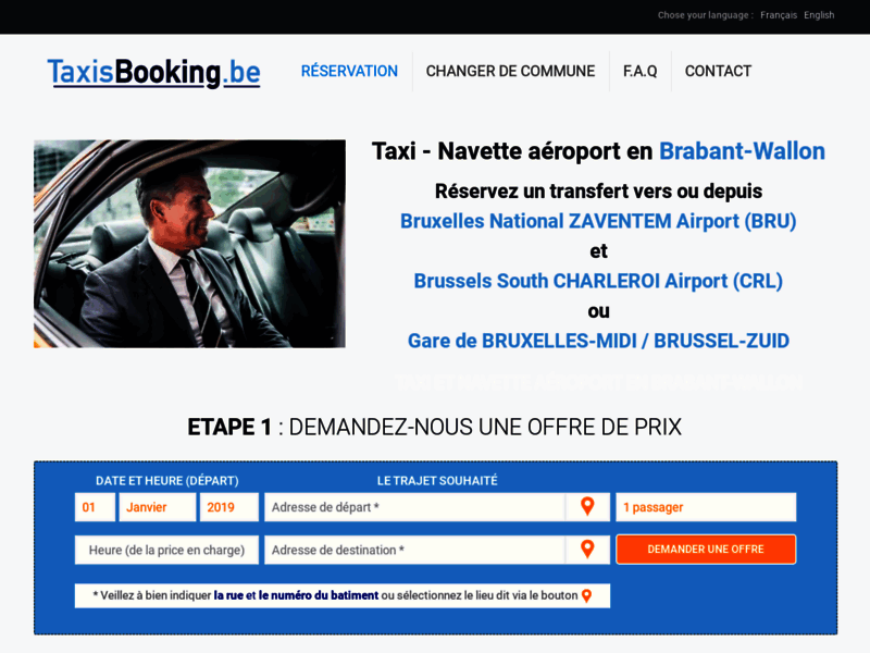 Screenshot du site : TaxisBooking.be - Réservez un taxi vers l'aéroport