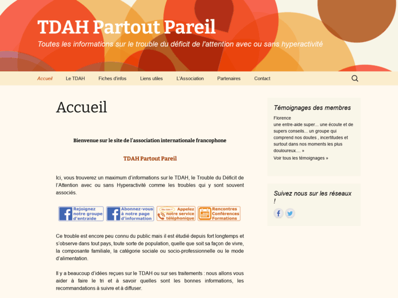 Screenshot du site : Association TDAH Partout Pareil