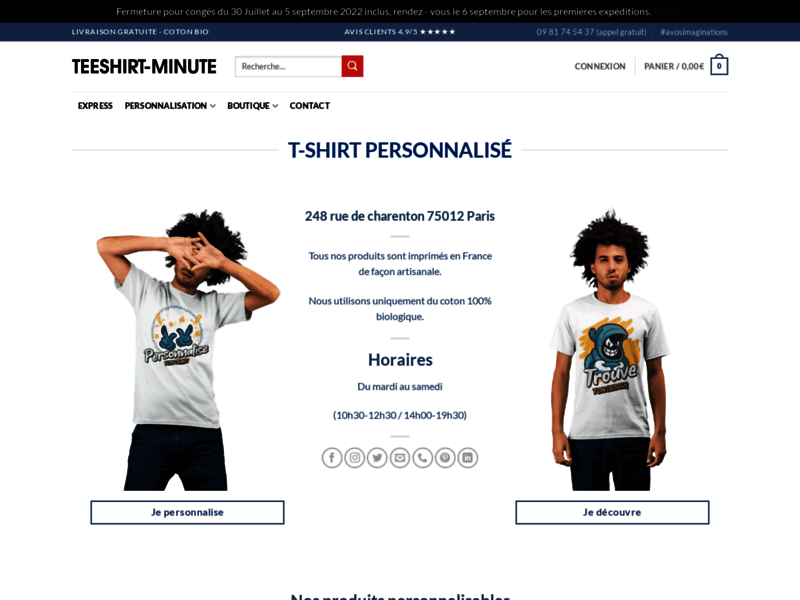 Screenshot du site : Teeshirt-minute.com - T-shirt personnalisé