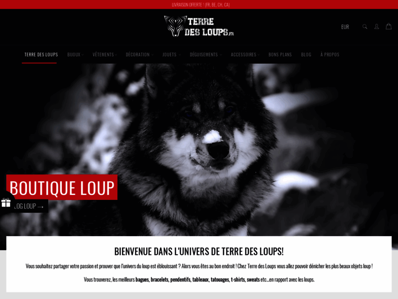 Screenshot du site : Boutique en ligne dédiée à l'univers des loups !