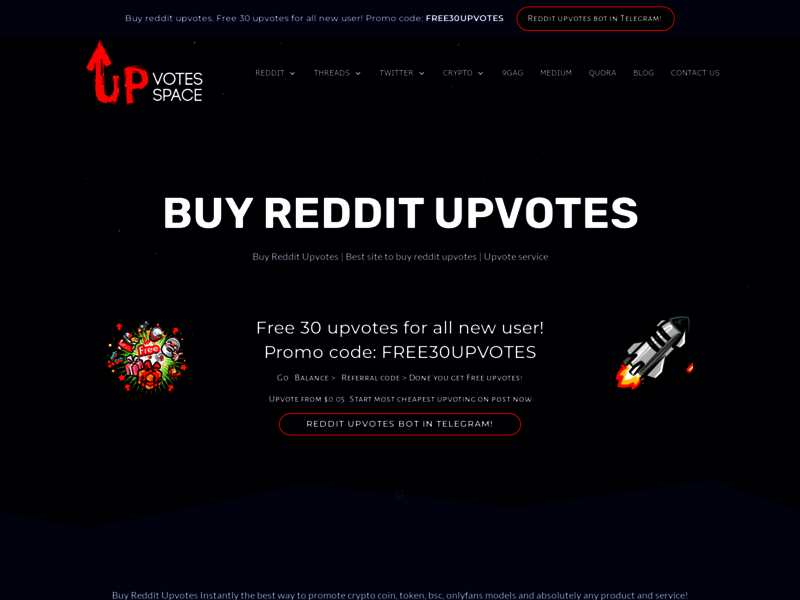Screenshot du site : UpvotesSpace | Reddit marketing | Buy upvotes