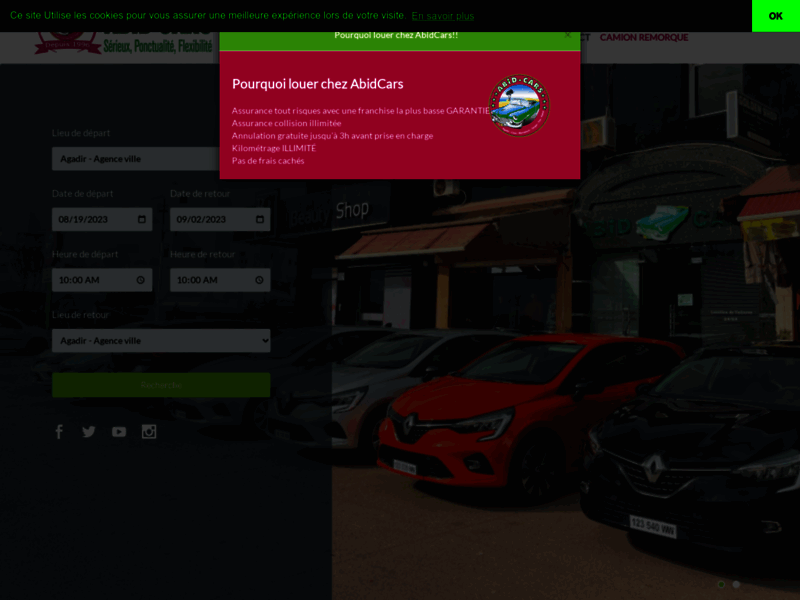 Screenshot du site : Location de voitures au Maroc Abid Cars