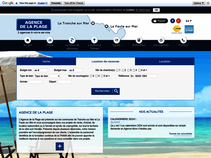 Screenshot du site : Agence de la plage à la Faute sur mer en Vendée