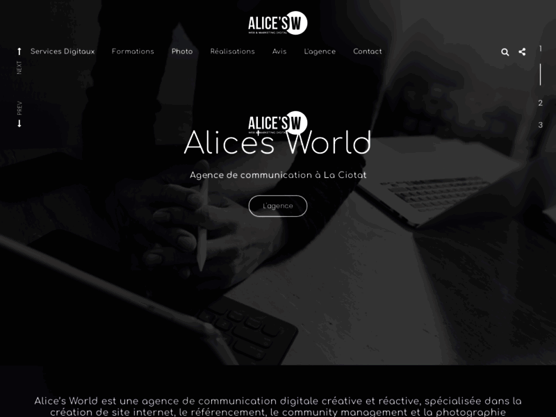 Screenshot du site : Alice's World Agence de communication digitale 100