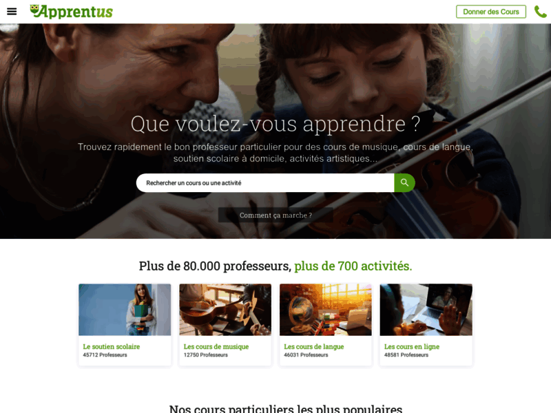 Screenshot du site : Cours particuliers en Belgique