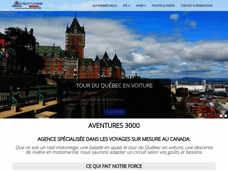 Screenshot du site : Aventures 3000 - séjours sur mesure au Québec