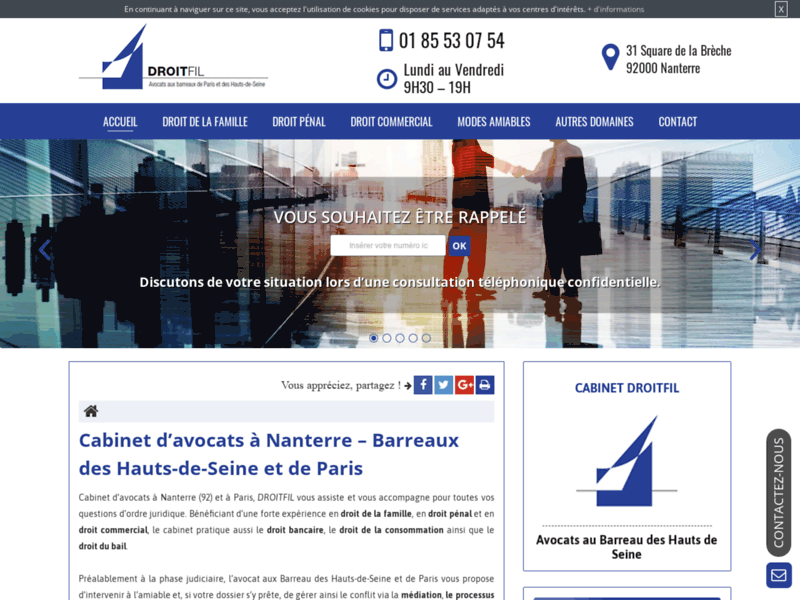 Screenshot du site : Avocat en droit pénal à Nanterre, cabinet Droitfil