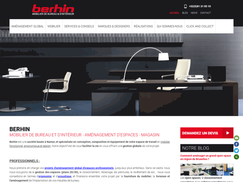 Screenshot du site : Mobilier de bureau et d'intérieur Berhin