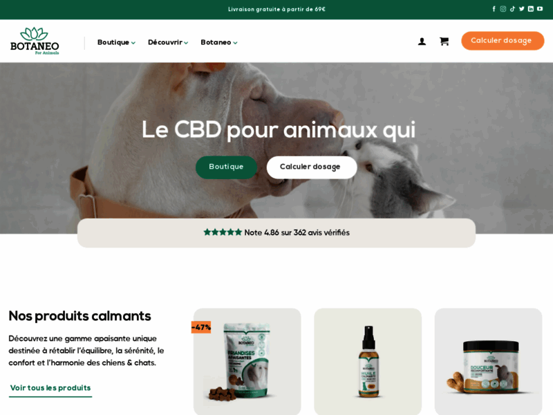 Screenshot du site : BOTANEO (produits pour animaux infusés au CBD)