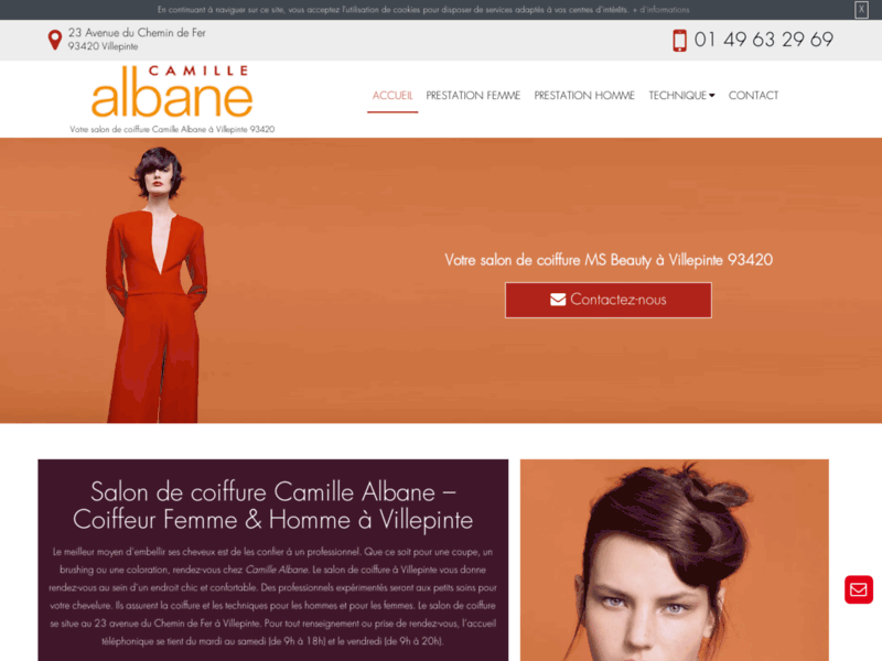Screenshot du site : Camille Albane : salon de coiffure dans le 93