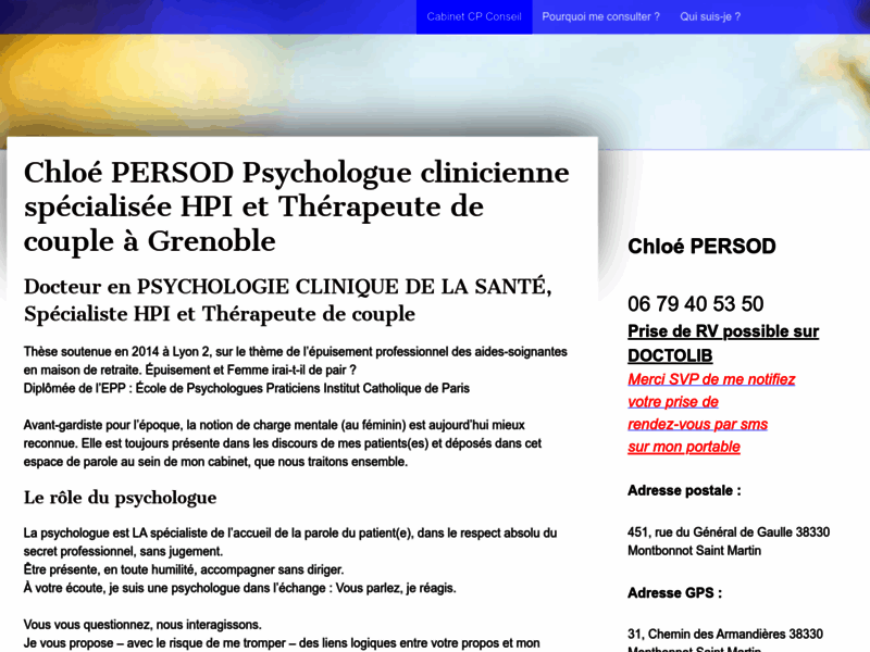 Screenshot du site : Chloé PERSOD Psychologue clinicienne spécialisée