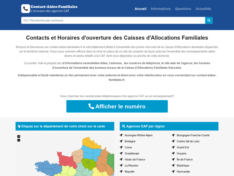 Screenshot du site : Contact Aides Familiales: Contacts CAF