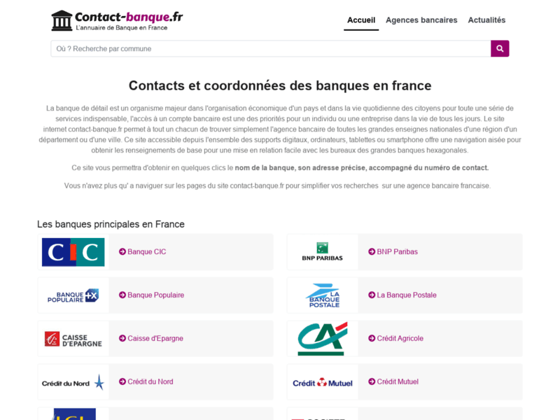 Screenshot du site : Contacts, coordonnées infos des agences bancaires