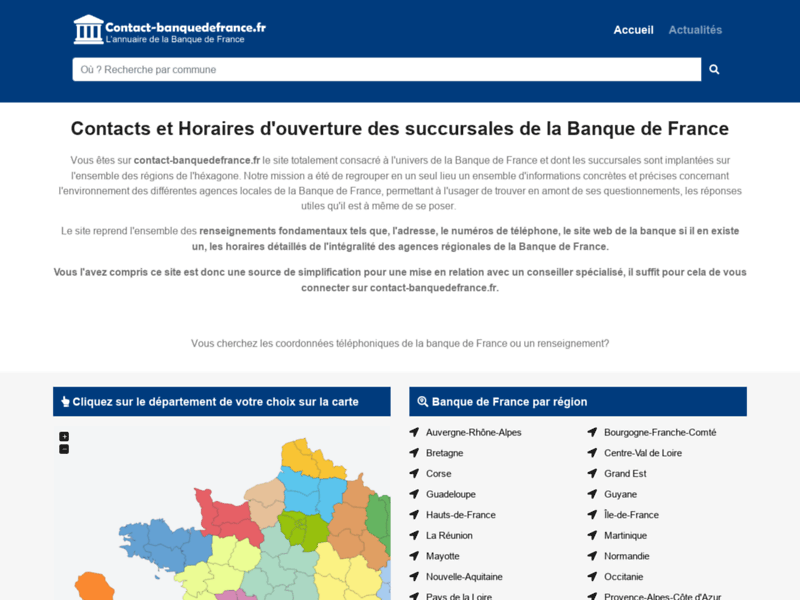 Screenshot du site : Banque de France: Contact et horaires d'ouverture