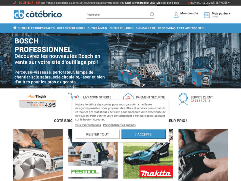 Screenshot du site : Côté Brico le site d'outillage professionnel