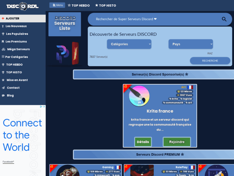 Screenshot du site : DiscordL expose la liste des serveurs Discord