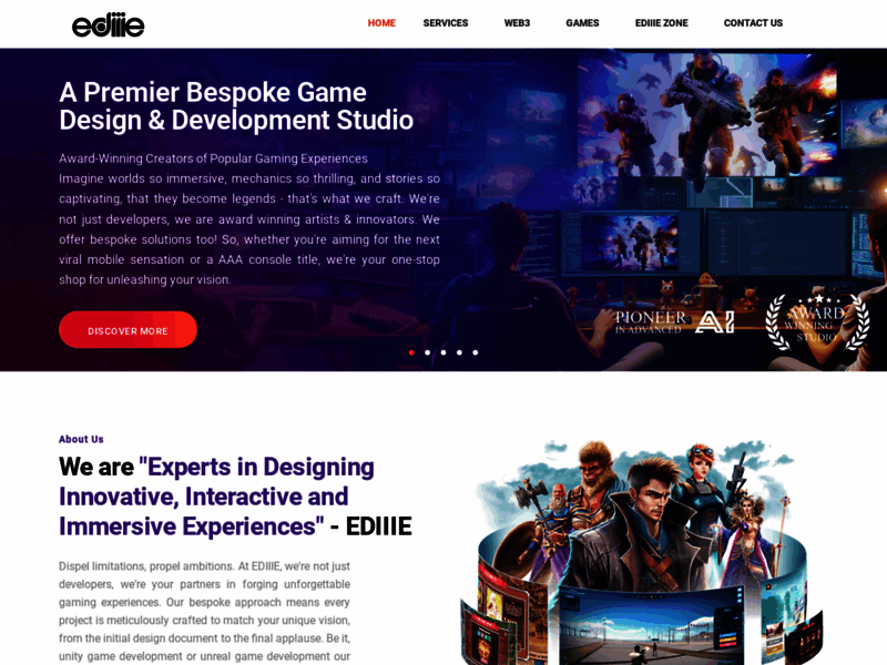 Screenshot du site : EDIIIE - AR/VR, Game Development, Animation, Web3
