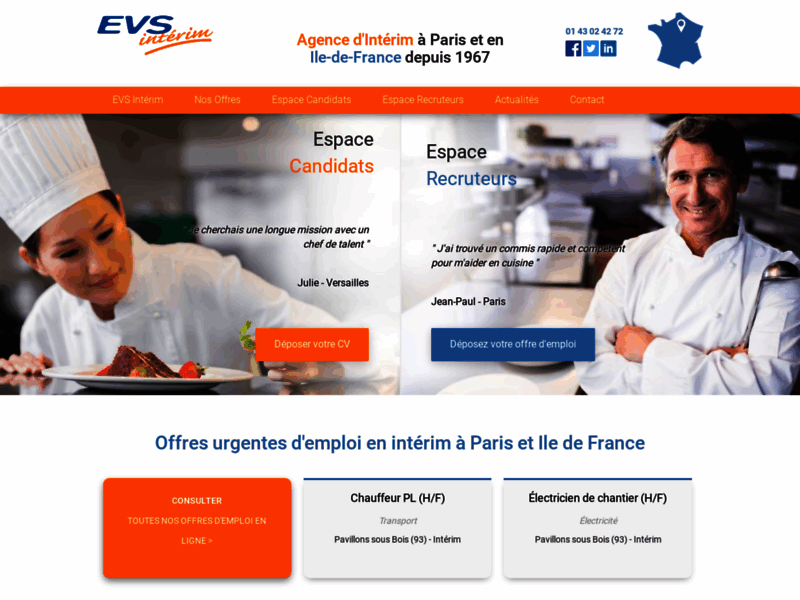 Screenshot du site : Evs.fr : agence d'interim