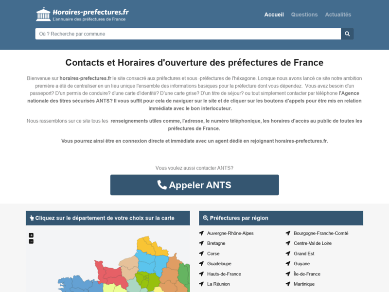 Screenshot du site : Horaires Préfectures: Contacts, Adresse et Horaire