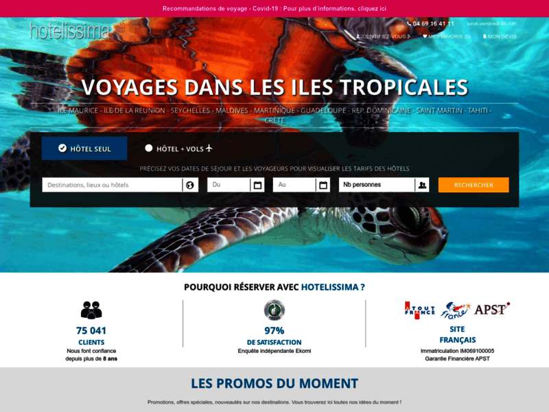 Screenshot du site : Partez en vacances avec Hotelissima.fr