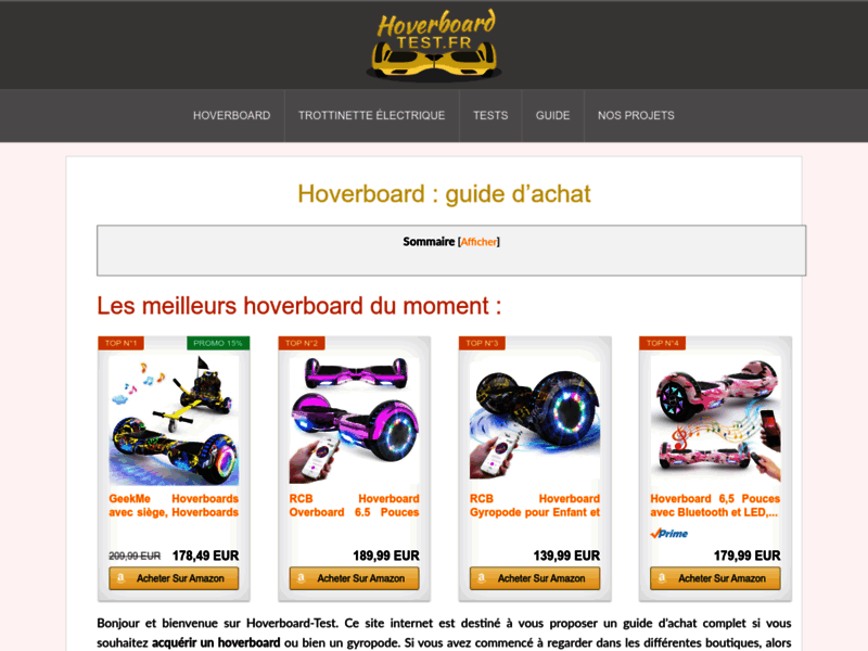 Screenshot du site : Hoverboard-Test